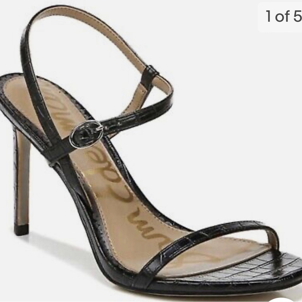 SAM EDELMAN DARA BLACK CROC EMBOSSED PATENT STILETTO HEEL SANDALS 11 M